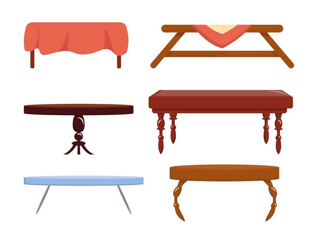 Conjunto de belas mesas em estilo de desenho animado Ilustração vetorial de mesas de madeira redondas e retangulares com toalhas de mesa para diferentes salas isoladas em fundo branco Mesas de escritório de revistas
