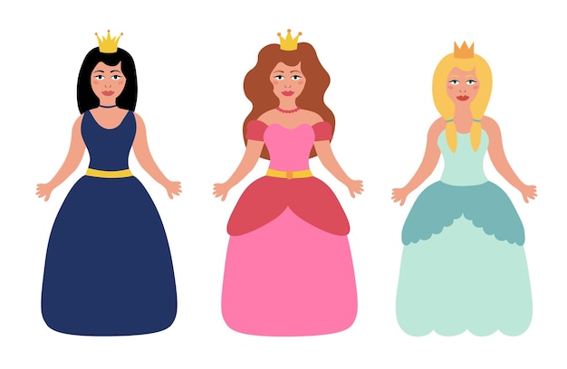 Conjunto de belas princesas de contos de fadas em fundo branco Ilustração infantil Vector Flat