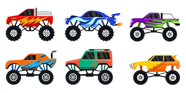 Conjunto de belo design em carro offroad em fundo branco, ilustração