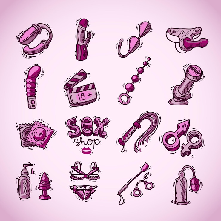 Vetor conjunto de belos dispositivos de sex shop de ícones desenhados à mão para o seu design