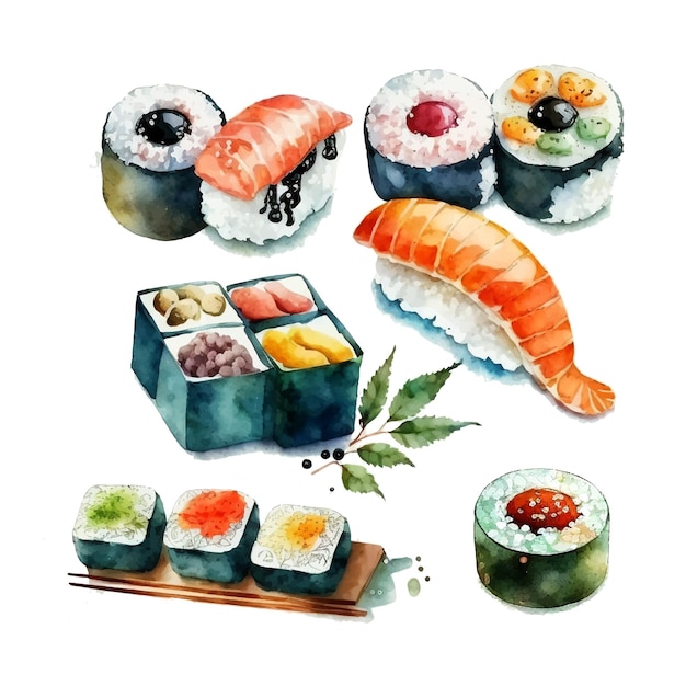 Vetor conjunto de belos e saborosos sushi japonês, frutos do mar, água, objetos desenhados à mão isolados em branco