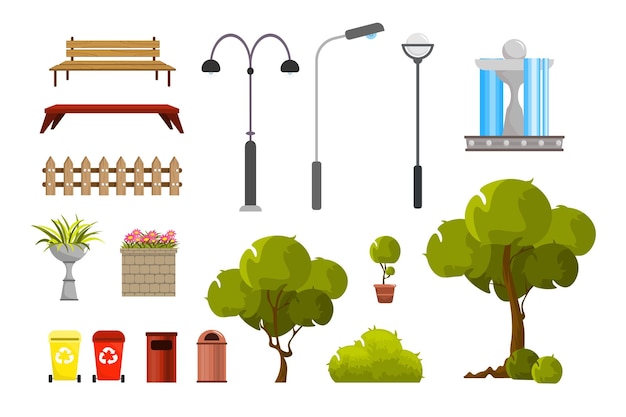 Conjunto de belos equipamentos de parque com vista lateral em estilo cartoon ilustração vetorial de construtor com árvores arbustos vasos de flores bancos fonte lanternas latas de lixo canteiros de flores e cerca