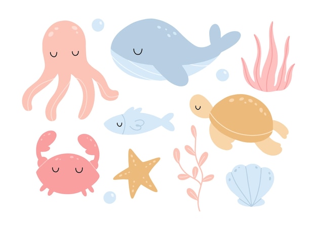 Conjunto de berçário com animais marinhos fofos baleia polvo caranguejo peixe estrela do mar