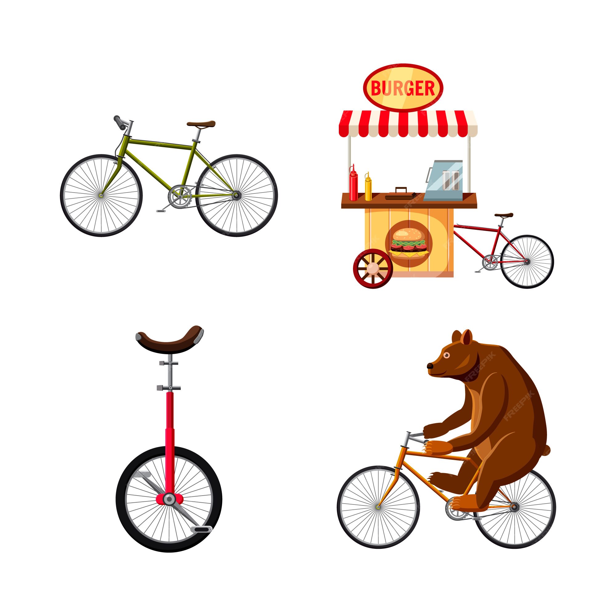 Conjunto de bicicleta. caricatura, jogo, de, bicicleta