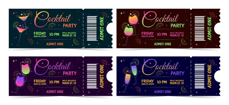 Vetor conjunto de bilhetes de convite para a festa de coquetel design com detalhes de eventos de bebidas coloridas e admitir um