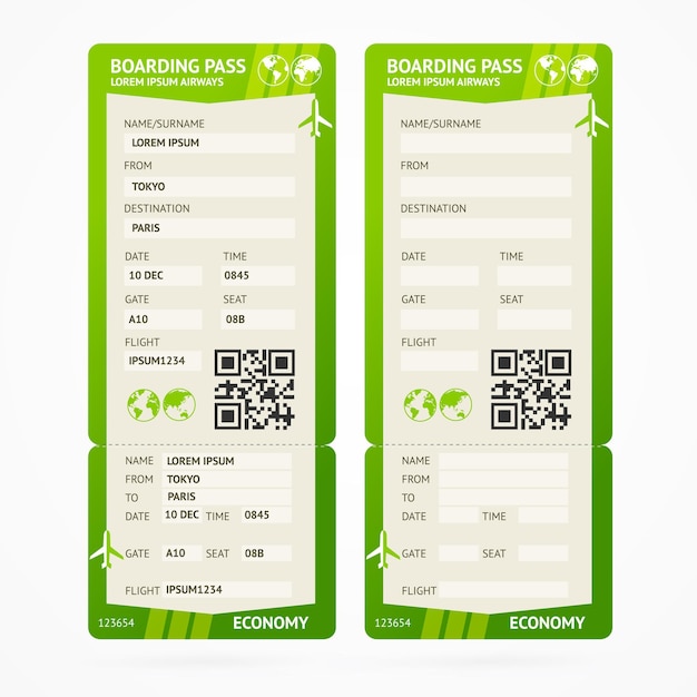 Vetor conjunto de bilhetes do green boarding pass