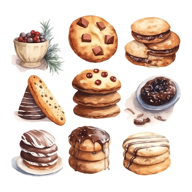 Conjunto de biscoitos aquarela com clipart de natal de chocolate