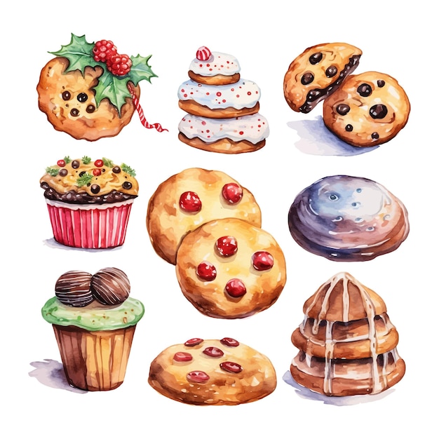 Conjunto de biscoitos aquarela com clipart de natal de chocolate