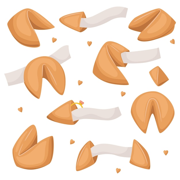Conjunto de biscoitos da sorte chineses com modelo de papel em branco Biscoitos da sorte abertos e fechados Mensagem surpresa dentro de ilustrações vetoriais de previsão de destino assar isoladas no fundo branco