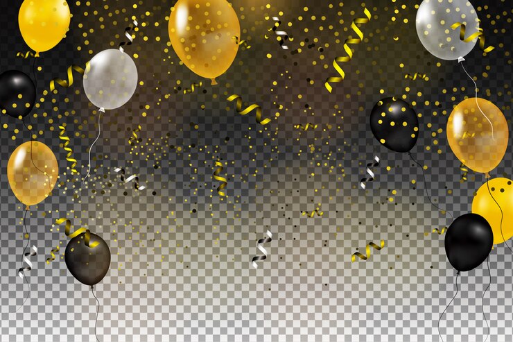 Conjunto de bola de hélio ouro, preto, amarelo e branco, isolada no ar. Modelo de plano de fundo de celebração com balões, confetes e fita em um fundo transparente ilustração.