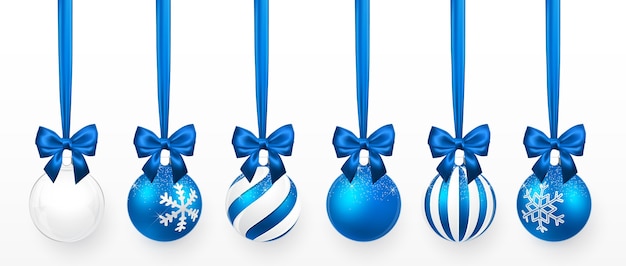 Conjunto de bola de Natal transparente e azul com efeito de neve e arco azul