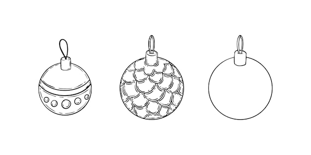 Conjunto de bolas de árvore de natal, decoração de férias, rabisco, desenho linear, livro de colorir