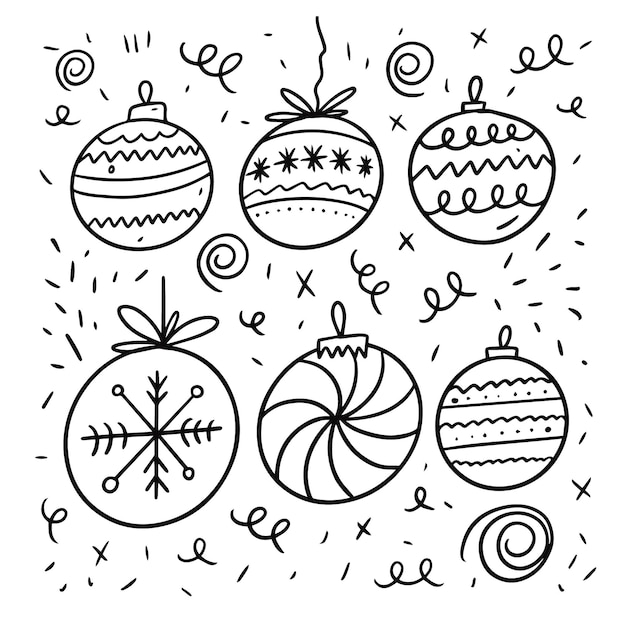 Conjunto de bolas de natal. estilo de linha de arte doodle. mão dos desenhos animados desenhar colorir. isolado no fundo branco.