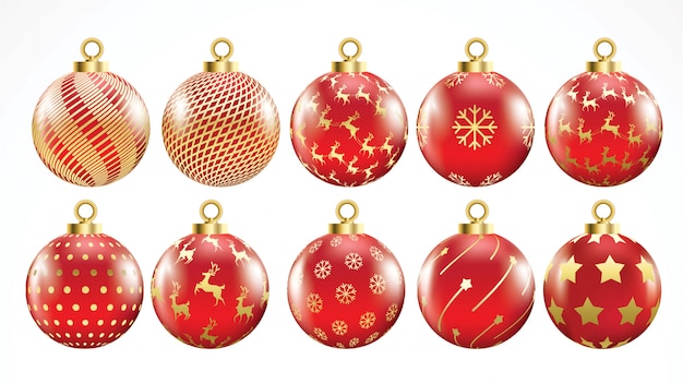 Conjunto de bolas de natal ouro e vermelho vetor com ornamentos