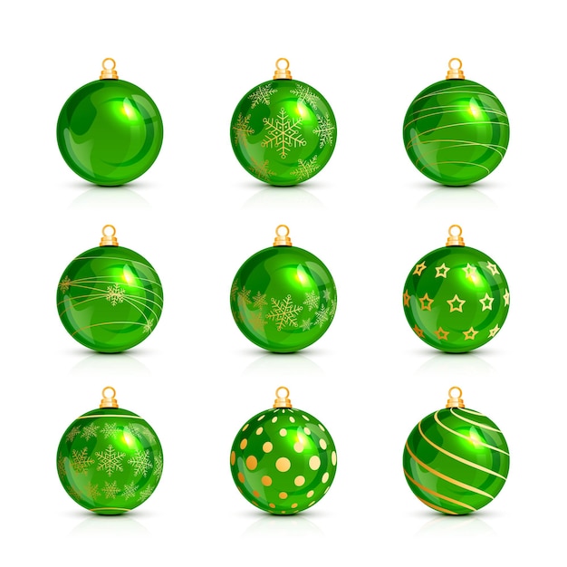 Vetor conjunto de bolas de natal verdes decorativas isoladas no fundo branco, ilustração.