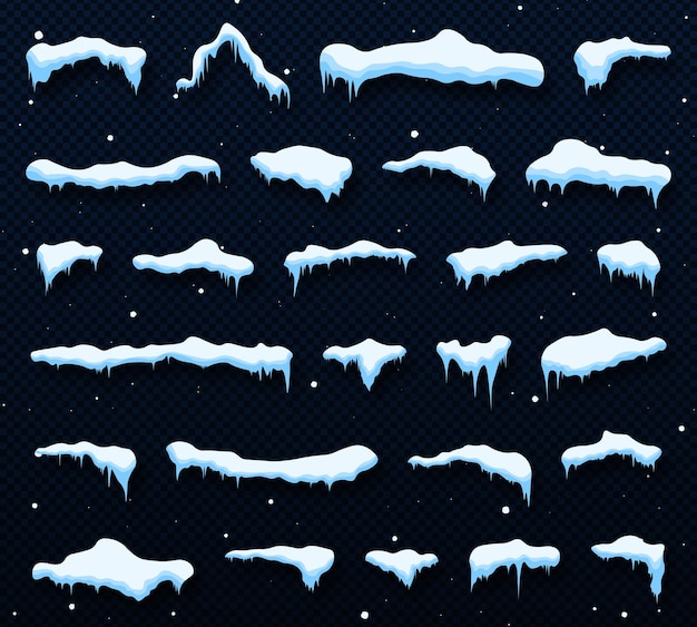 Conjunto de bolas de neve e montes de neve Tampas de neve gelo nevado e pingentes de gelo congelados