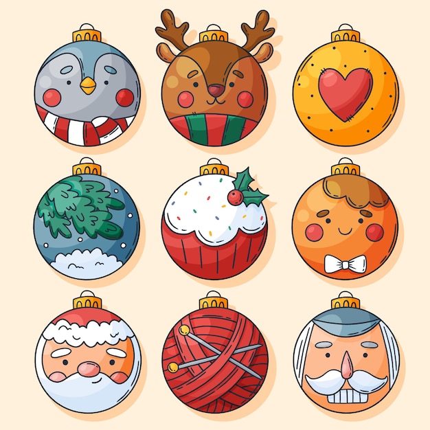 Conjunto de bolas e decorações de natal de mão desenhada. enfeites e enfeites de vidro. pinguin, veado, coração, bolinho, homem-biscoito, papai noel, quebra-nozes, linha, raios. ilustração vetorial