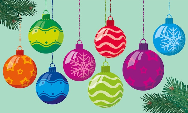 Conjunto de bolas ornamentais de design plano de decoração de natal com cores brilhantes