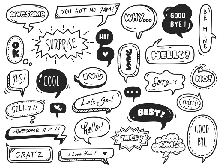 Vetor conjunto de bolha do discurso bonito com texto em estilo doodle