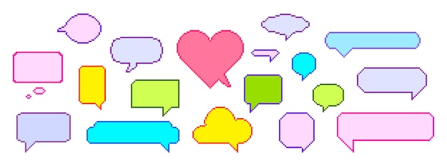 Conjunto de bolhas de fala de pixel vibrante apresentando uma variedade de nuvens coloridas retroinspiradas pense ou fale para adicionar um toque lúdico às suas conversas digitais e desenhos ilustração vetorial de desenhos animados
