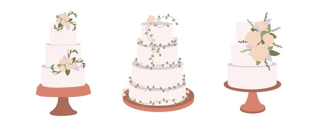 Vetor conjunto de bolo de casamento moderno com flores e folhas decoração botânica boho decoração de casamento nupcial