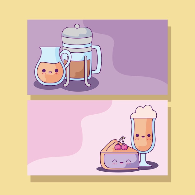 Conjunto de bolo e bebidas de café estilo kawaii