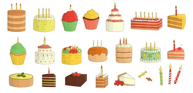 Conjunto de bolos coloridos com velas, balões, presentes. coleção de aniversário. pacote brilhante e alegre de produtos de panificação doce. desenho colorido de bolos e doces.