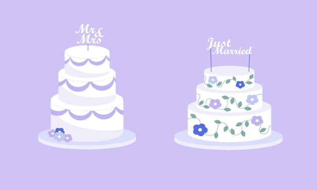 Conjunto de bolos de casamento festivos com as inscrições recém casado sr. sra sra vector illustration
