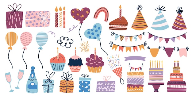 Conjunto de bolos de decoração de aniversário velas festivas cupcakes balões presentes e garrafas de champanhe coleção de férias para festa ou celebração de aniversário isolada em ilustração vetorial de desenho animado branco