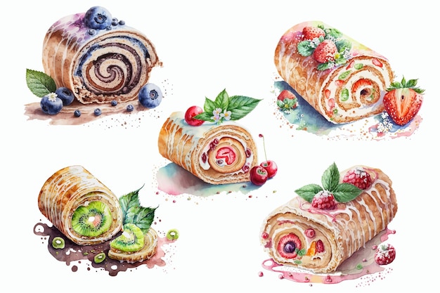 Vetor conjunto de bolos de rolo de fatias doces e saborosas de frutas coloridas vector ilustração desenhada à mão isolada no fundo branco no estilo boho