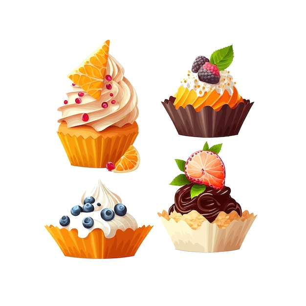 Conjunto de bolos em papel de cupcake isolado no fundo ilustração em vetor plano dos desenhos animados