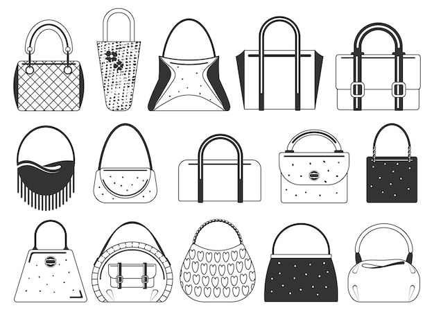 Conjunto de bolsas de moda monocromáticas ícones isolados em objetos brancos e pretos ilustração vetorial estilo doodle