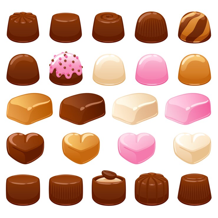 Vetor conjunto de bombons de chocolate. doces variados.