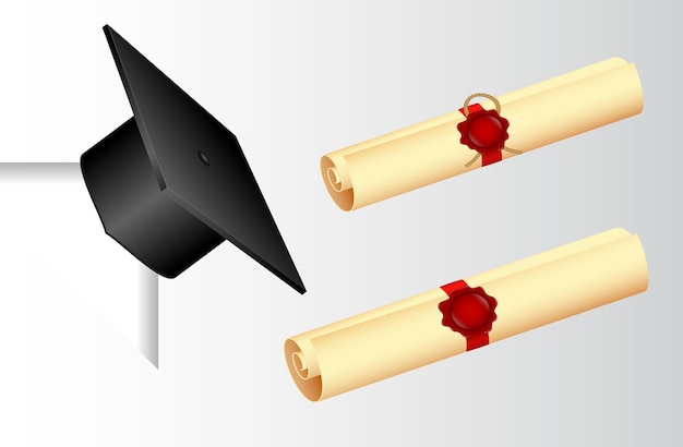 Vetor conjunto de boné de graduação universitário realista ou boné preto de graduação de diploma ou boné de graduação na faculdade