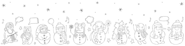 Conjunto de bonecos de neve bonitos em um fundo branco ilustração vetorial no estilo doodle humor de inverno olá 2023 feliz natal e feliz ano novo