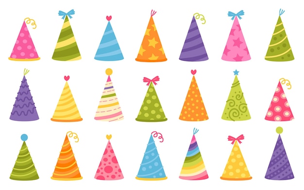 Conjunto de bonés coloridos de aniversário para design de comemoração de desenhos animados