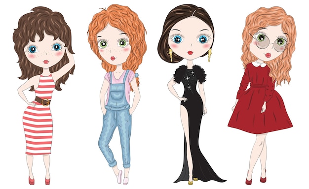 Conjunto de bonitas meninas de desenho animado de verão desenhadas à mão em fundo branco Meninas de desenhos animados à moda