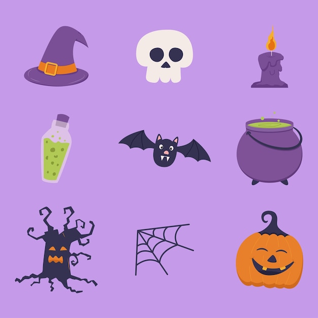Conjunto de bonito halloween elemento decoração plana design vetor ilustração