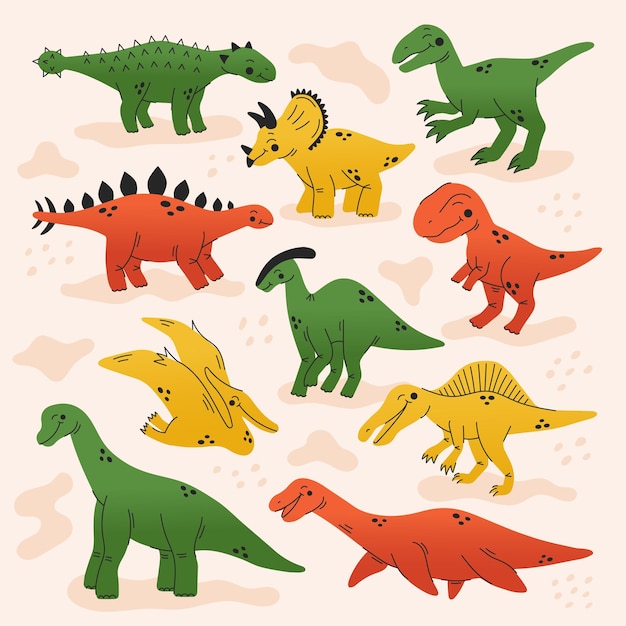 Vetor conjunto de bonitos desenhos animados de dino tyrannosaurus triceratops ankylosaurus stegosaurus velociraptor