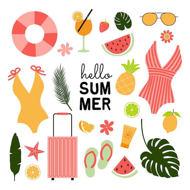 Conjunto de bonitos ícones de verão Folhas de palmeira tropical Frutas roupas de banho Bebidas adesivos de verão
