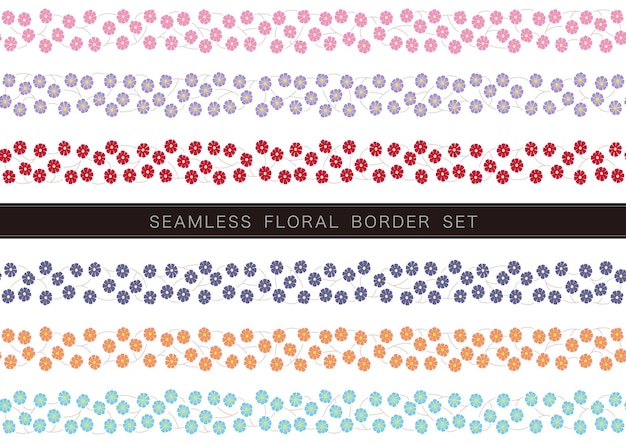Conjunto de borda floral vetor sem costura isolado em um fundo branco repetível horizontalmente