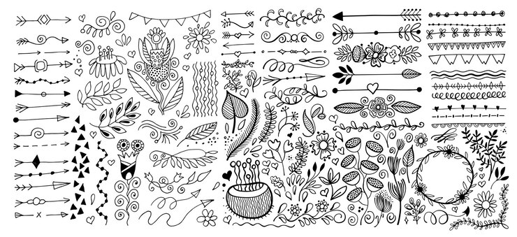 Vetor conjunto de bordas de divisores de página de desenho manual e elementos de design floral de doodle de seta
