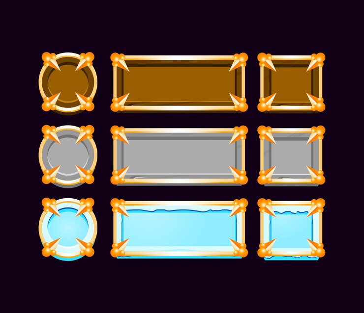 Vetor conjunto de botão de gui de madeira, pedra e gelo com moldura dourada medieval para elementos de recursos de interface do usuário do jogo
