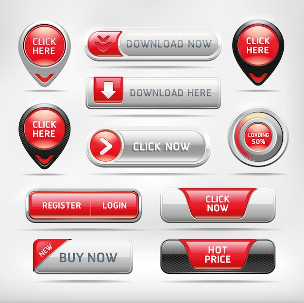 Conjunto de botão vermelho lustroso web elementos.
