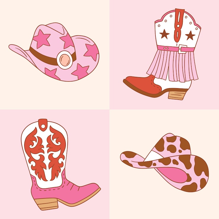 Vetor conjunto de botas e chapéus de cowgirl ocidentais desenhados à mão clipart romântico de rodeio feminino