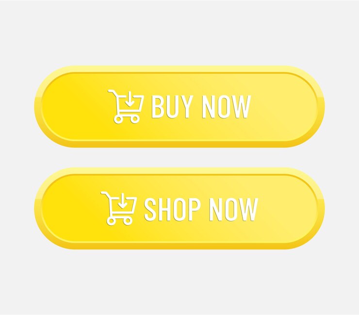 Vetor conjunto de botões amarelos comprar e comprar agora para loja on-line de comércio eletrônico e marketing digital