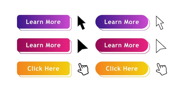 Vetor conjunto de botões de estilo de material moderno com ponteiro de clique para aplicativo móvel do site e infográfico diferentes cores de gradiente estilo plano de ilustração vetorial moderna