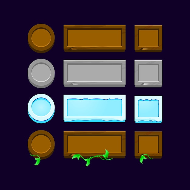 Conjunto de botões de interface de usuário de madeira, pedra e gelo para elementos de recursos de interface do usuário