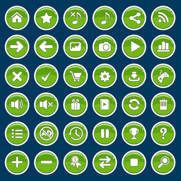 Vetor conjunto de botões de jogo dos desenhos animados estilo brilhante brilhante verde.