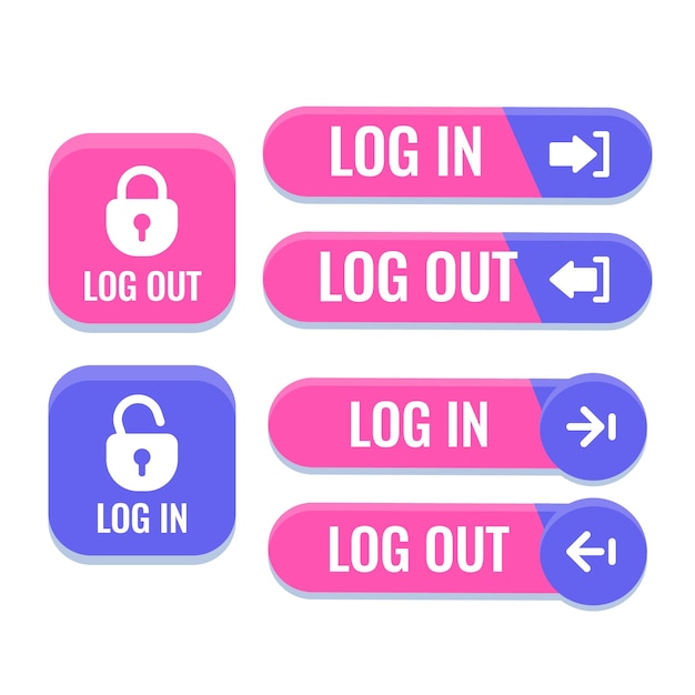 Vetor conjunto de botões de login e logout de design plano